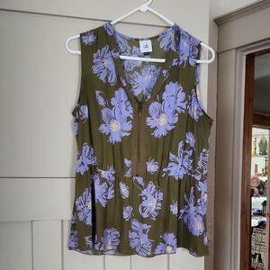 CAbi Olive and Purple Floral Blouse